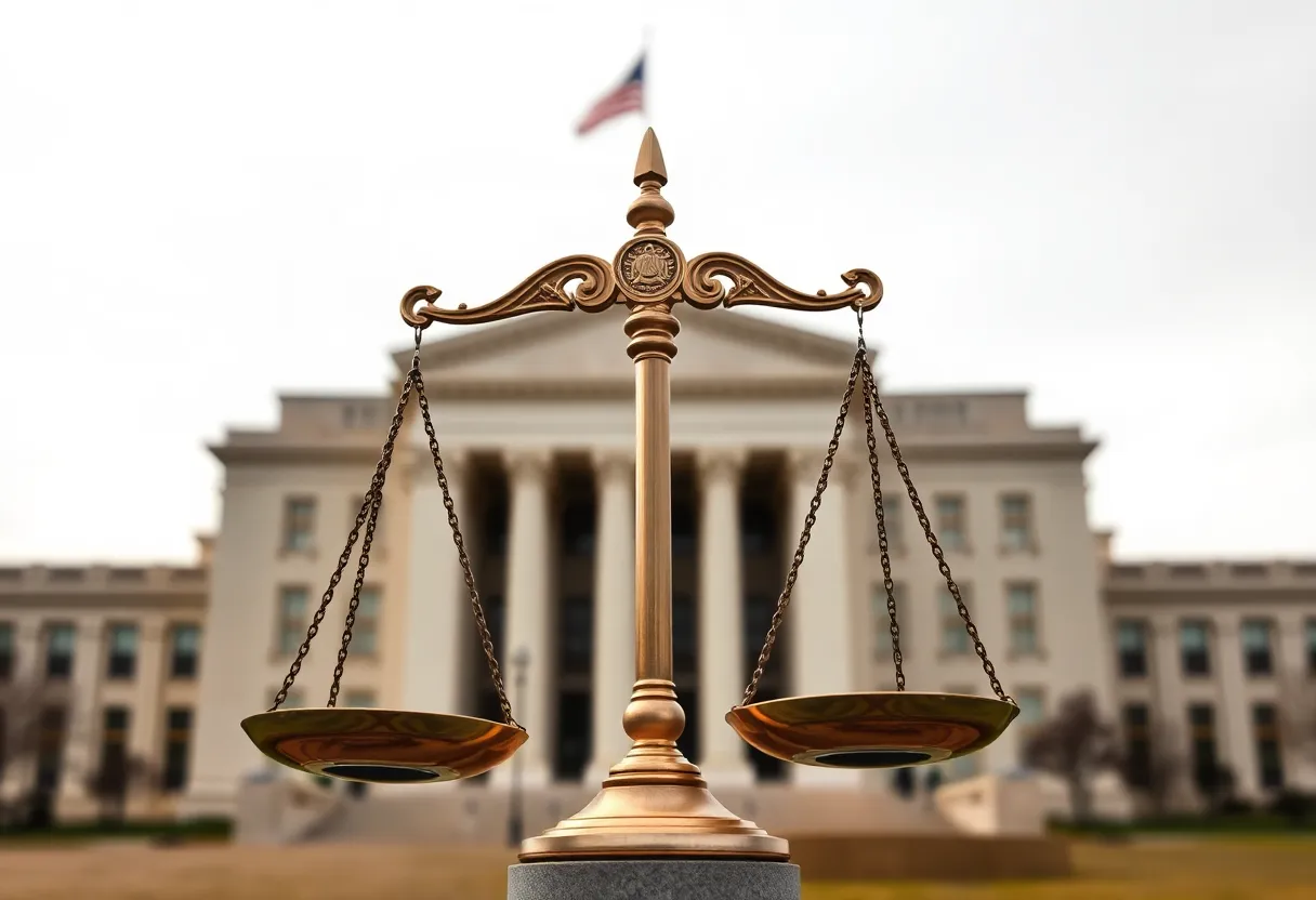 Illustration of legal scales with Pentagon in background, representing military retiree rights