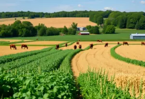 Lush agricultural fields in Kentucky with various crops and livestock.