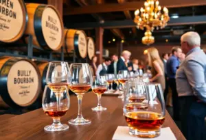 Bourbon tasting event in Louisville featuring whiskey barrels and attendees enjoying a festive atmosphere