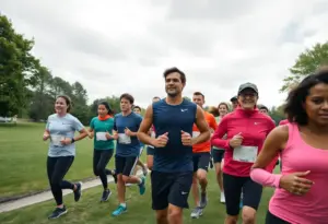 Group of diverse runners training for the Kentucky Derby Festival marathon in a park.