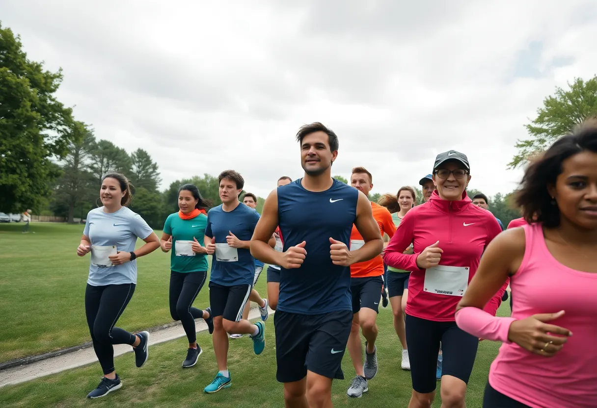 Group of diverse runners training for the Kentucky Derby Festival marathon in a park.