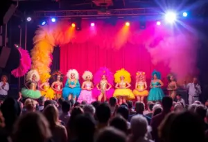 A drag performance on stage with vibrant costumes and lights.