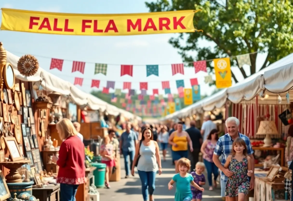 Families shopping at the Kentucky Flea Market with various vendor booths in the background.