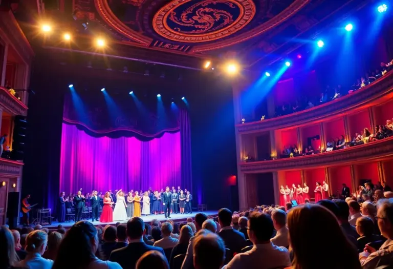 A captivating opera performance scene with singers and set designs.