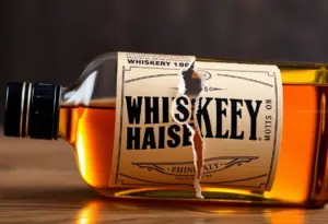 Crumpled Kentucky Owl whiskey bottle against a dark background.