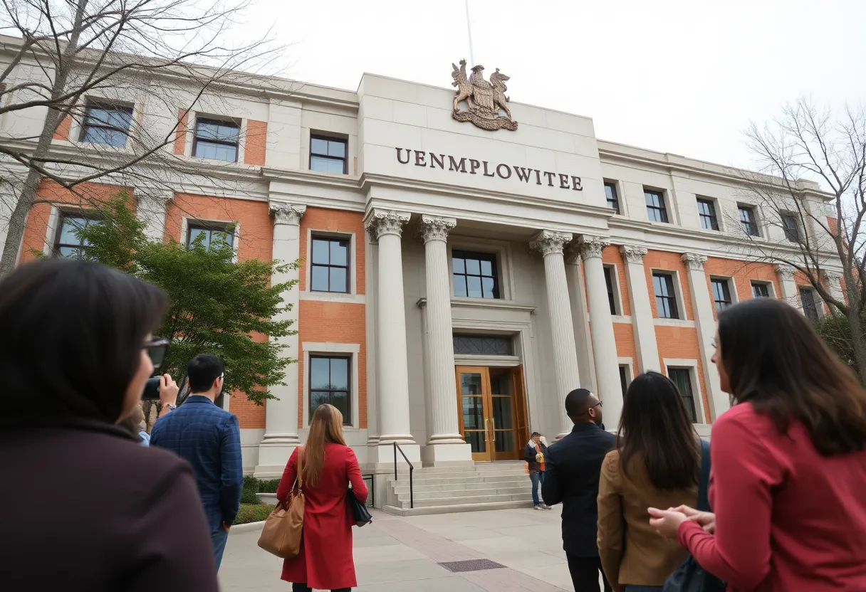 People discussing unemployment benefits outside a government building in Louisville