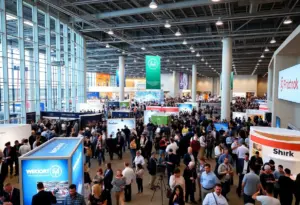 A lively convention center filled with attendees at an event