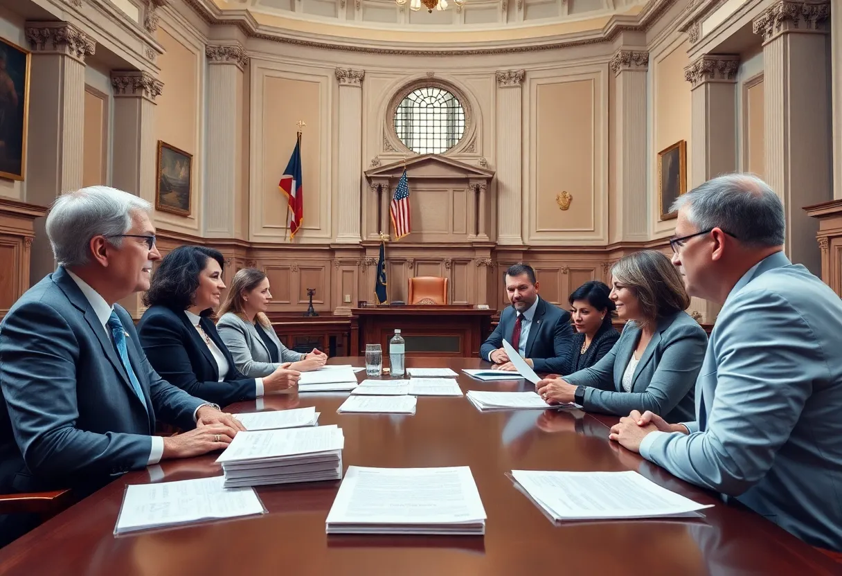 Lawmakers discussing a proposed bill in a state capitol