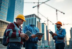 Modern cityscape with construction workers using technology, representing AI integration in permitting.