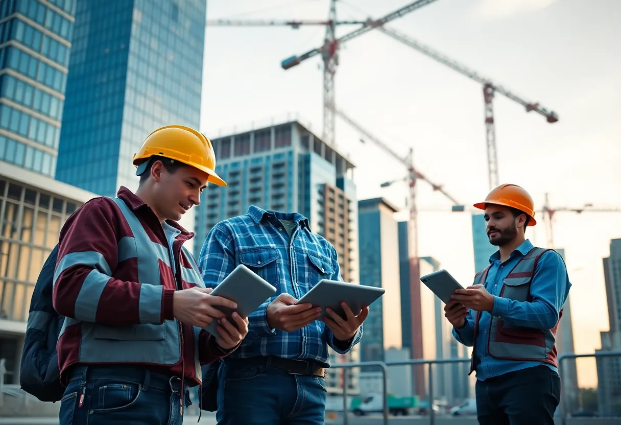 Modern cityscape with construction workers using technology, representing AI integration in permitting.
