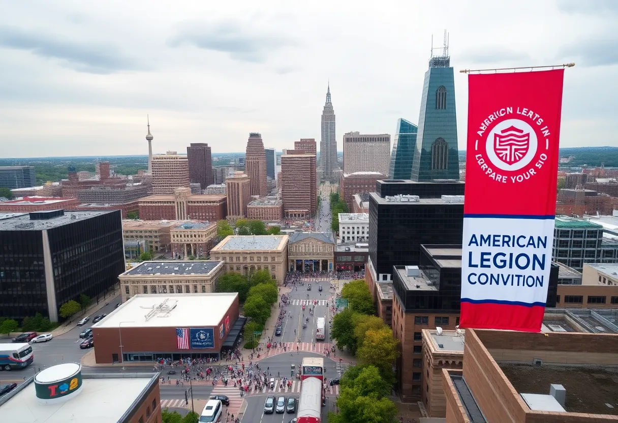 Aerial view of Louisville skyline promoting American Legion Convention