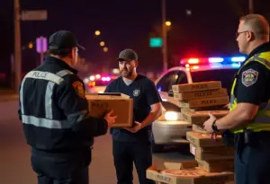 Police officers investigating a robbery scene with pizza boxes
