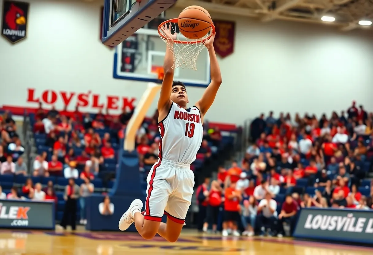A player performing a slam dunk on the Louisville basketball court.