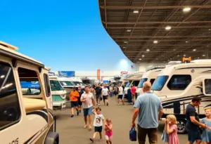 Families enjoying the Louisville Boat Show with boats and RVs on display