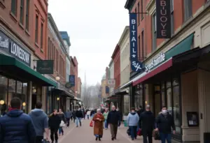 A vibrant street view of Louisville featuring local shops and community events in winter.