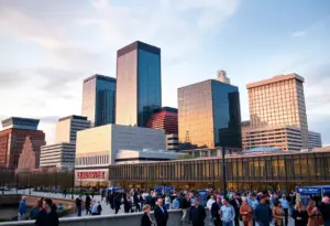 Skyline of Louisville depicting business travel venues