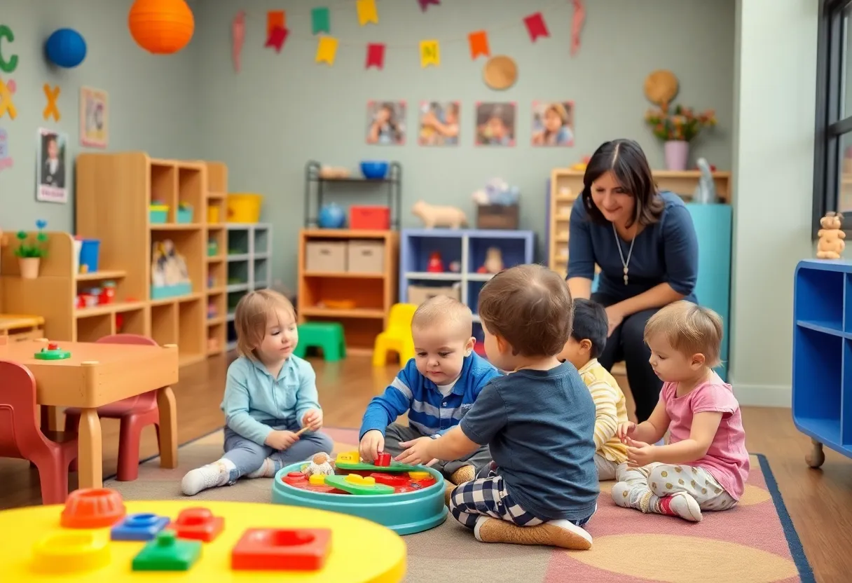 Children playing at a Louisville child care center with caregivers
