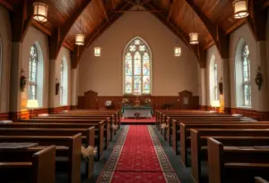 Church interior with beds set up for homeless shelter