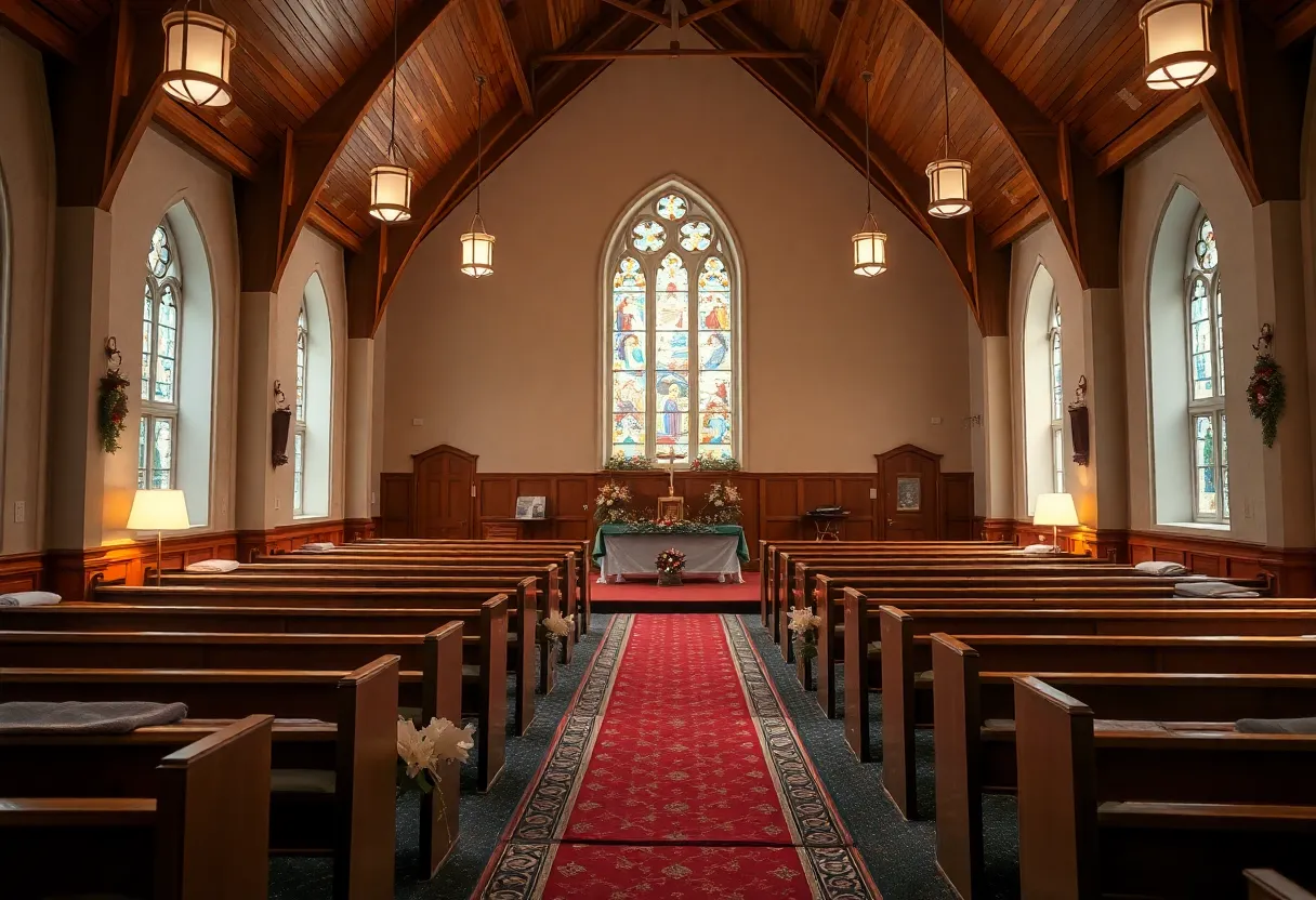 Church interior with beds set up for homeless shelter