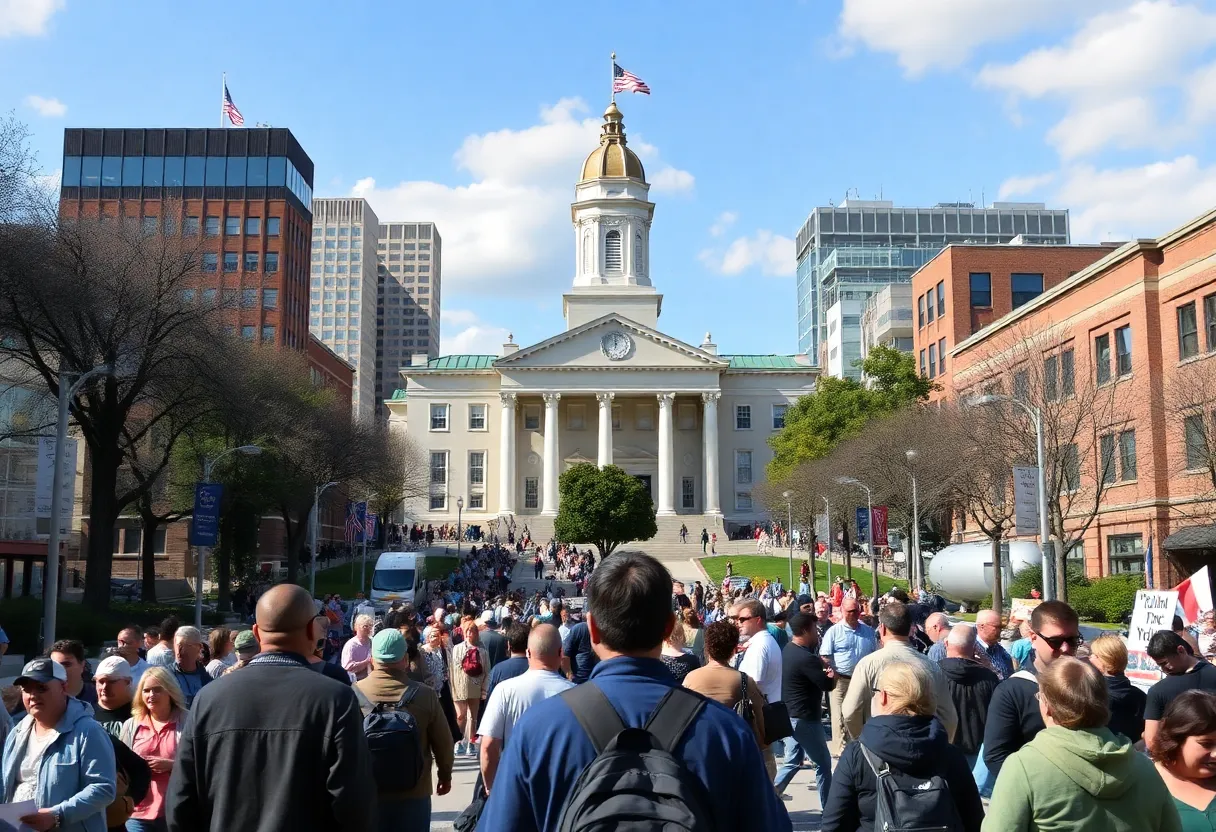 City Hall of Louisville surrounded by community members engaging in local governance activities.