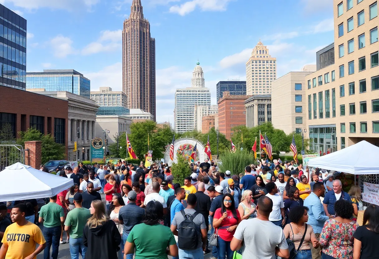 Vibrant Louisville cityscape with community interactions.