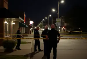 Police officers investigating a crime scene at night in Louisville's Wyandotte neighborhood.