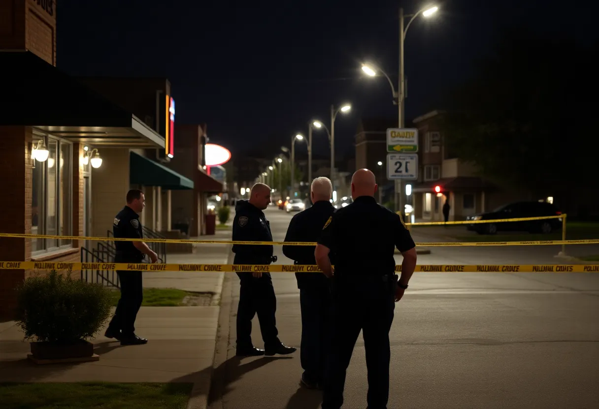 Police officers investigating a crime scene at night in Louisville's Wyandotte neighborhood.