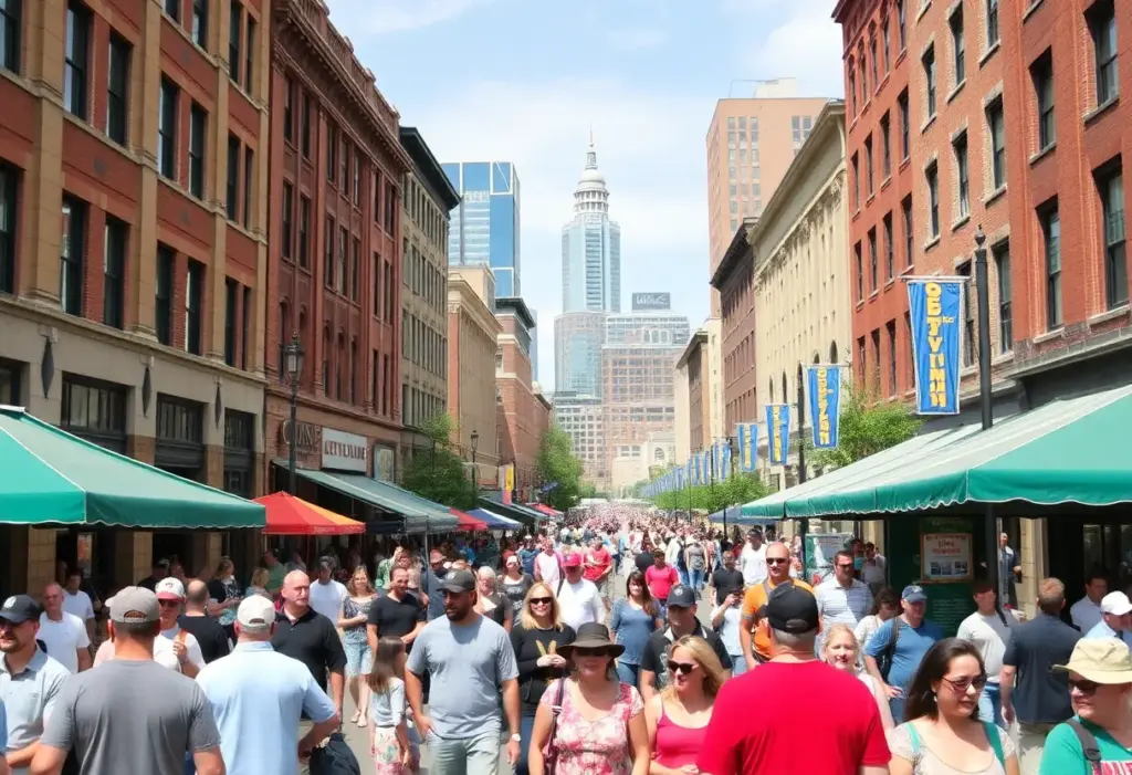 Celebration in downtown Louisville with people exploring local attractions.
