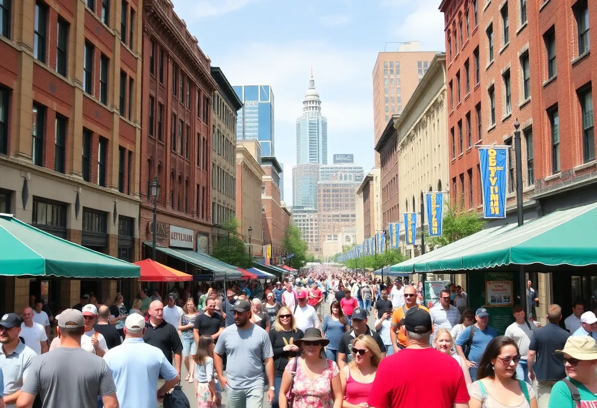 Celebration in downtown Louisville with people exploring local attractions.