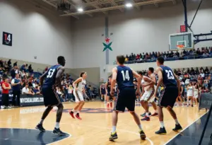 Basketball game between Louisville and Duke with intense players and fans
