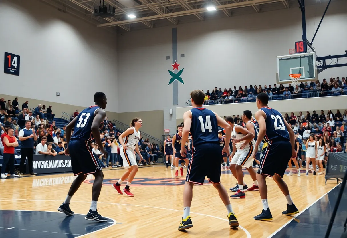 Basketball game between Louisville and Duke with intense players and fans