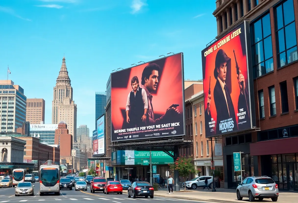 Cityscape of Louisville with vintage billboards for 'Dead Man's Wire'