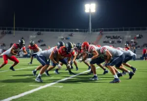 Louisville Cardinals football players on the defensive line during a game