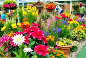 Display of feature gardens at the Louisville Home and Garden Show, showcasing various plants and landscaping designs.