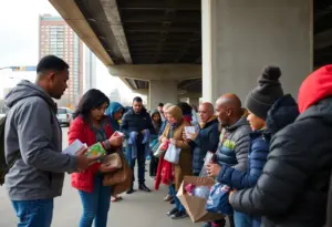 Volunteers distributing resources to the homeless under overpass in Louisville