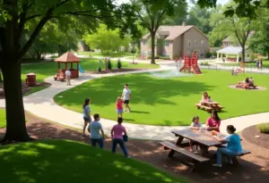 A bustling Louisville park with families enjoying outdoor activities