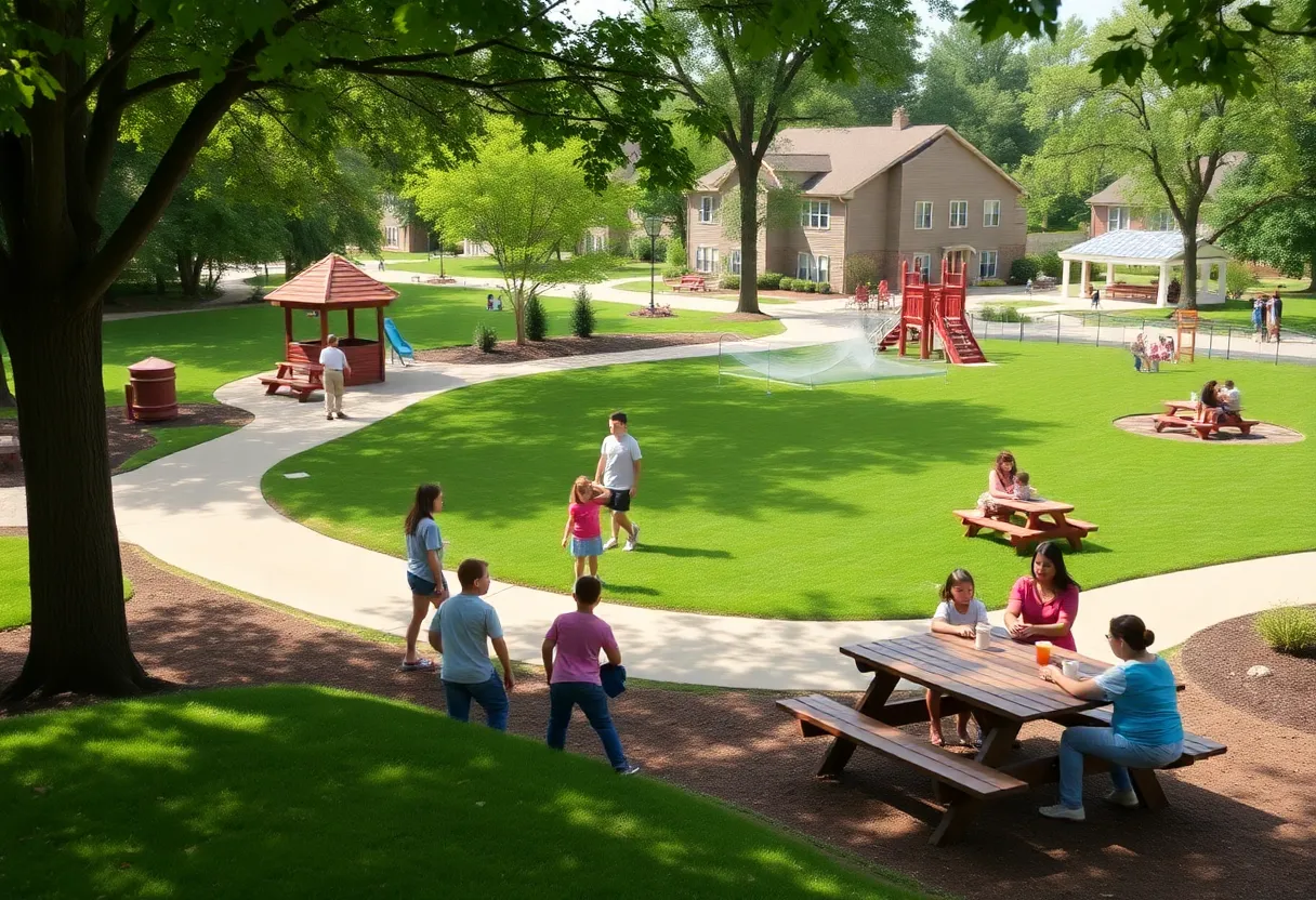 A bustling Louisville park with families enjoying outdoor activities
