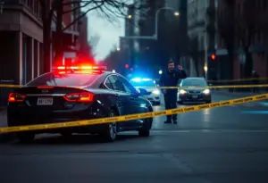 Police activity at a crime scene in Louisville with a focus on a parked car and emergency lights.