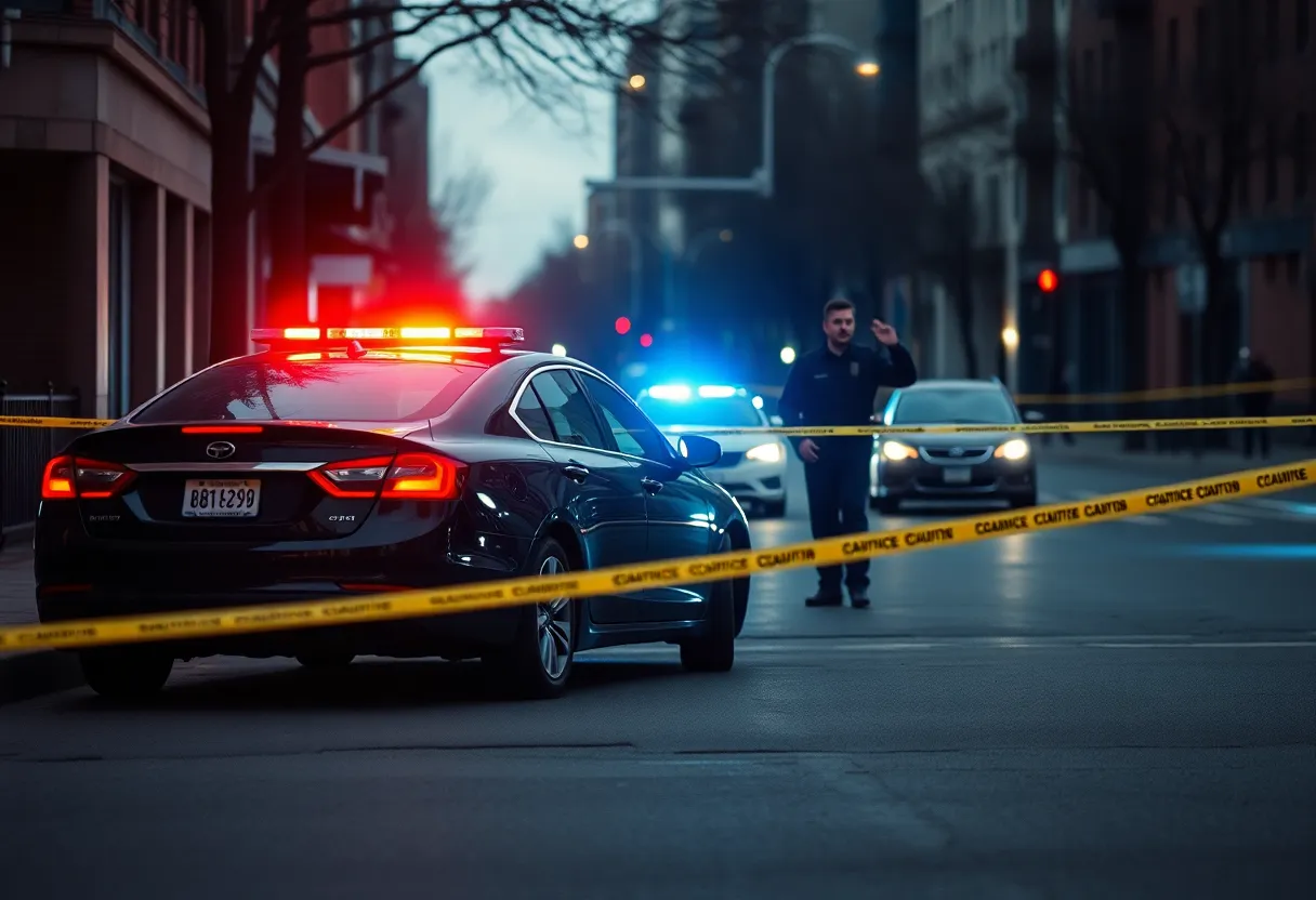 Police activity at a crime scene in Louisville with a focus on a parked car and emergency lights.