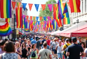 Crowd gathered at the Louisville Pride Festival with rainbow flags and festive decorations.