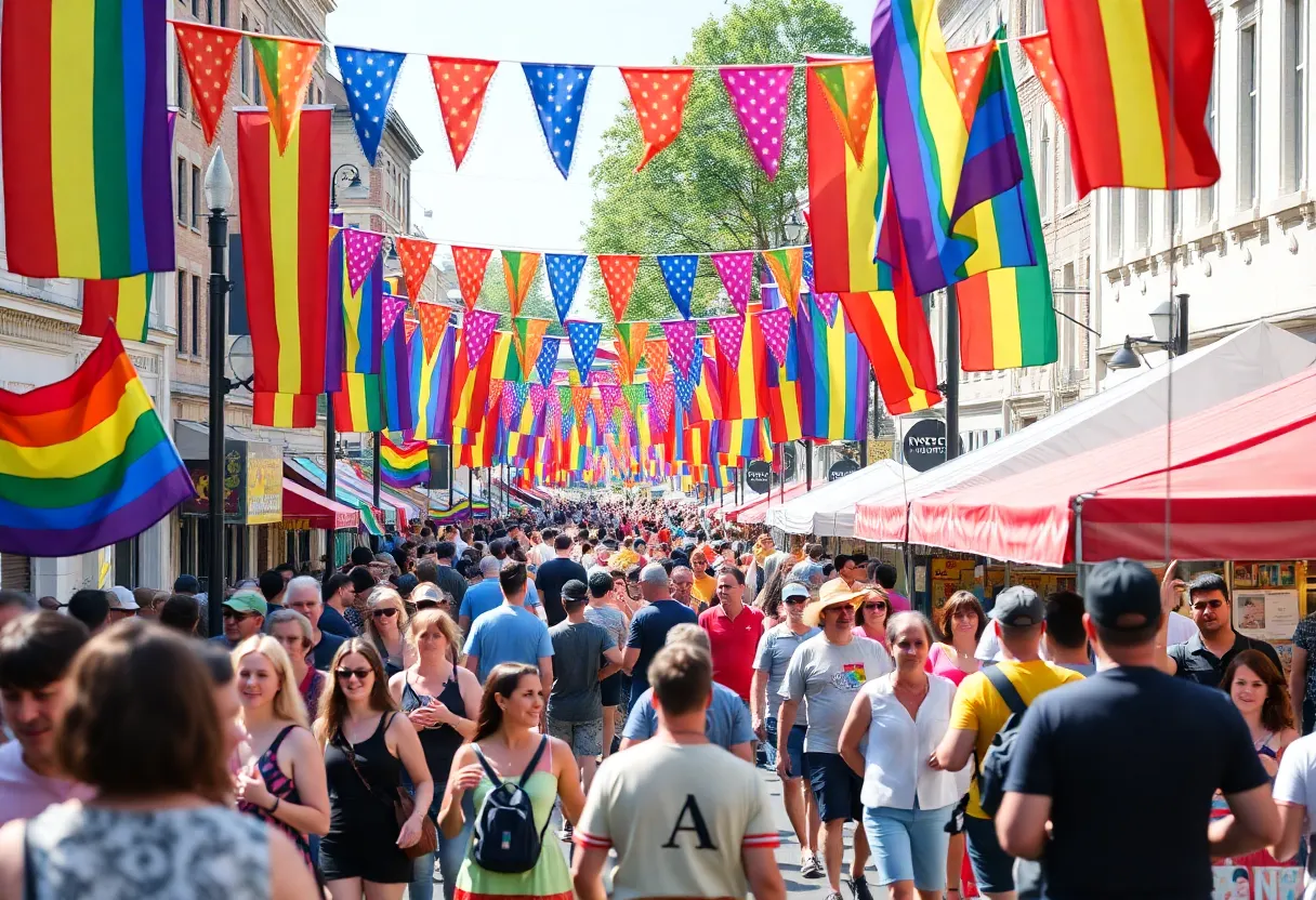 Crowd gathered at the Louisville Pride Festival with rainbow flags and festive decorations.