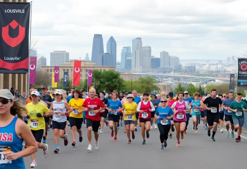 Participants racing in the Louisville Triple Crown event with city landmarks in view.