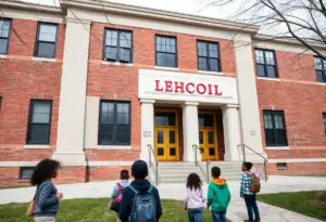 Louisville school building with students outside during budget discussions