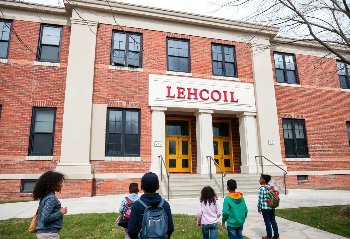 Louisville school building with students outside during budget discussions