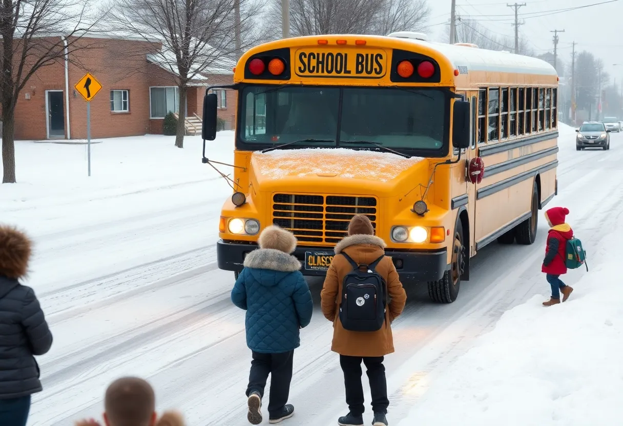 A snowy bus stop with a JCPS school bus in icy conditions.