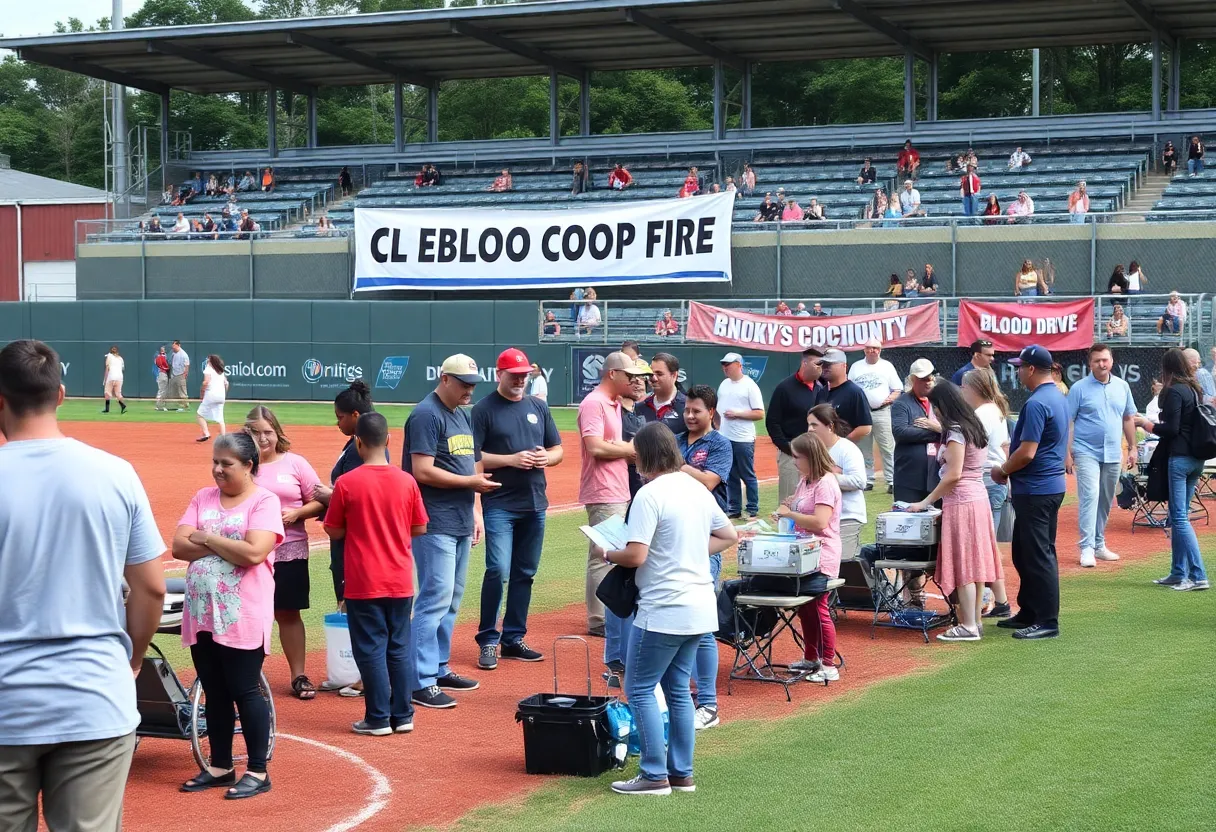 People donating blood at Louisville Slugger Field during a community blood drive.