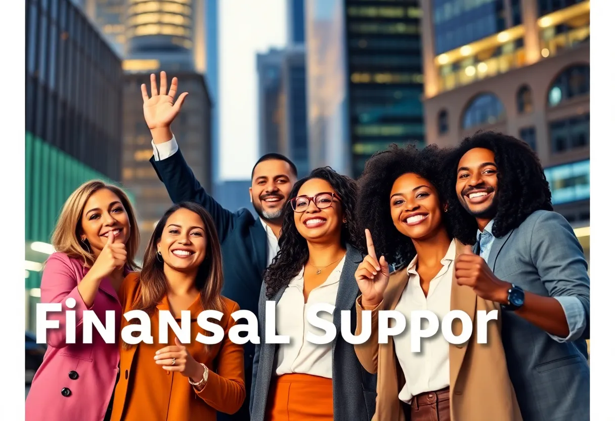 Diverse group of entrepreneurs celebrating financial support in Louisville