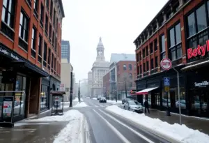 Snowy cityscape of Louisville with businesses adapting to weather changes
