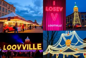 A variety of activities in Louisville, Kentucky including market stalls, comedy performances, and holiday lights.