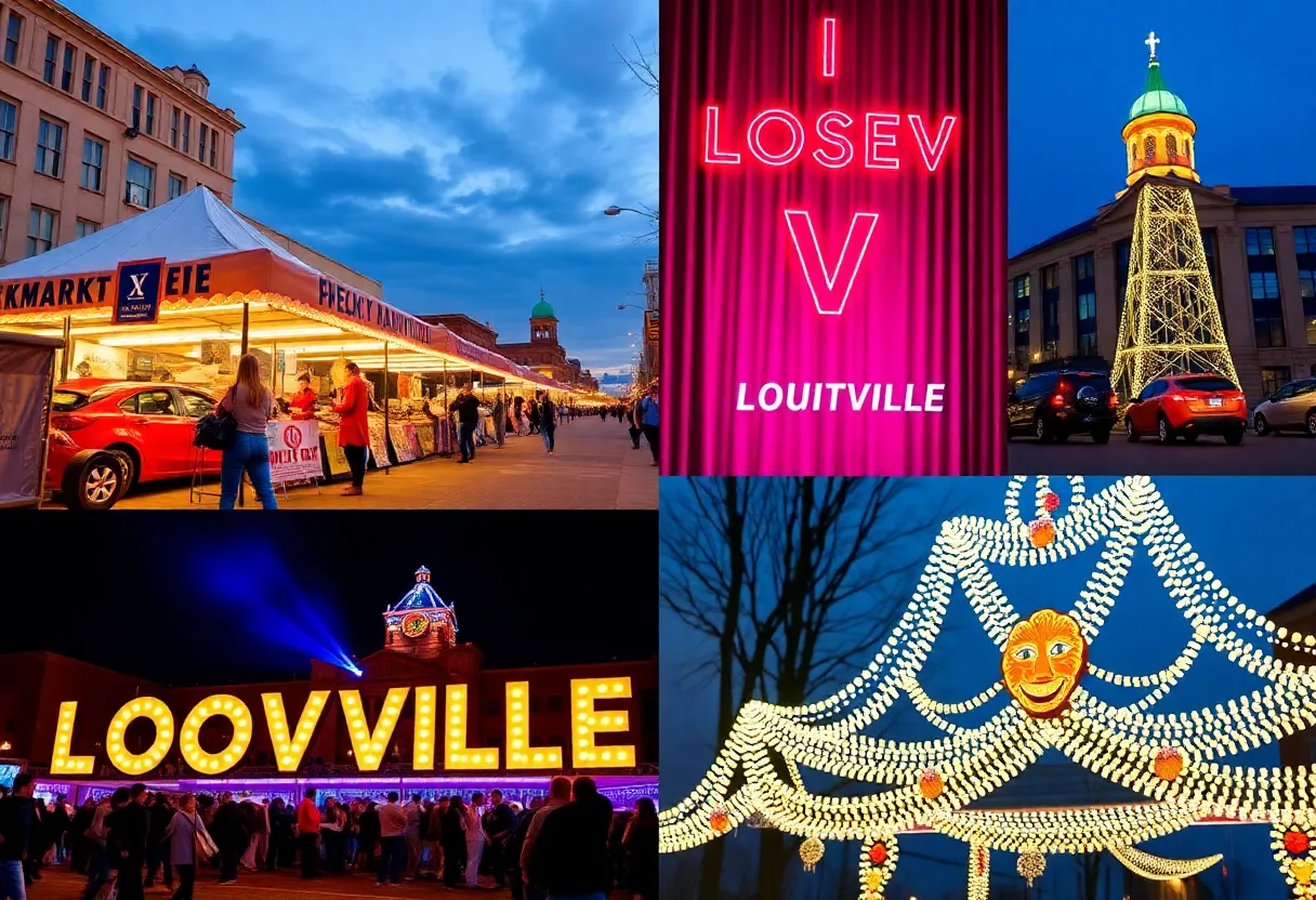 A variety of activities in Louisville, Kentucky including market stalls, comedy performances, and holiday lights.